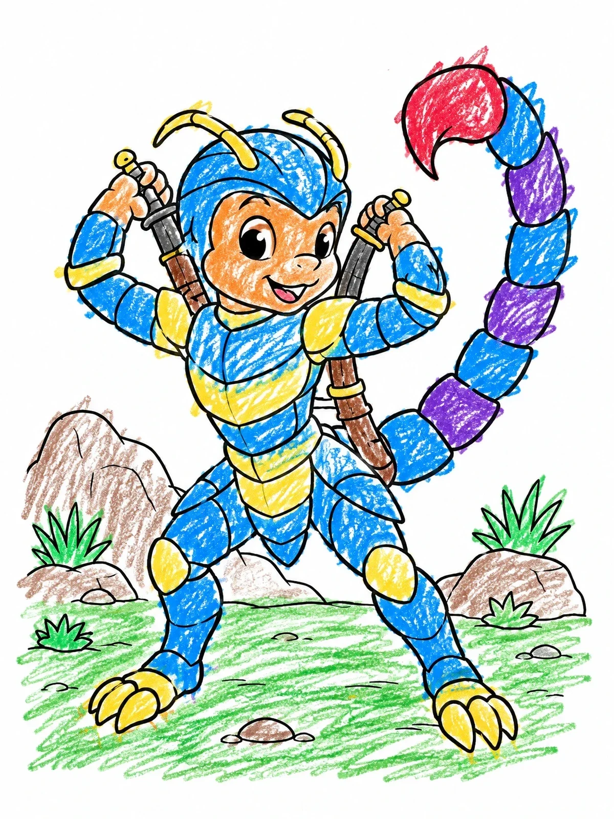 Colored example of the Cute Scorpion Warrior With Swords coloring page