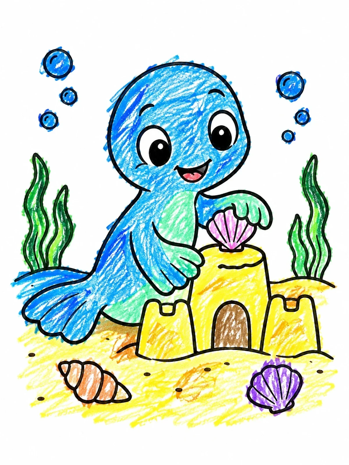 Colored example of the Cute Sea Creature Building Sandcastle coloring page