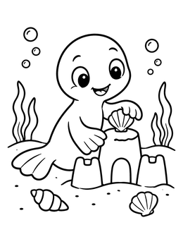 Free printable Cute Sea Creature Building Sandcastle coloring page