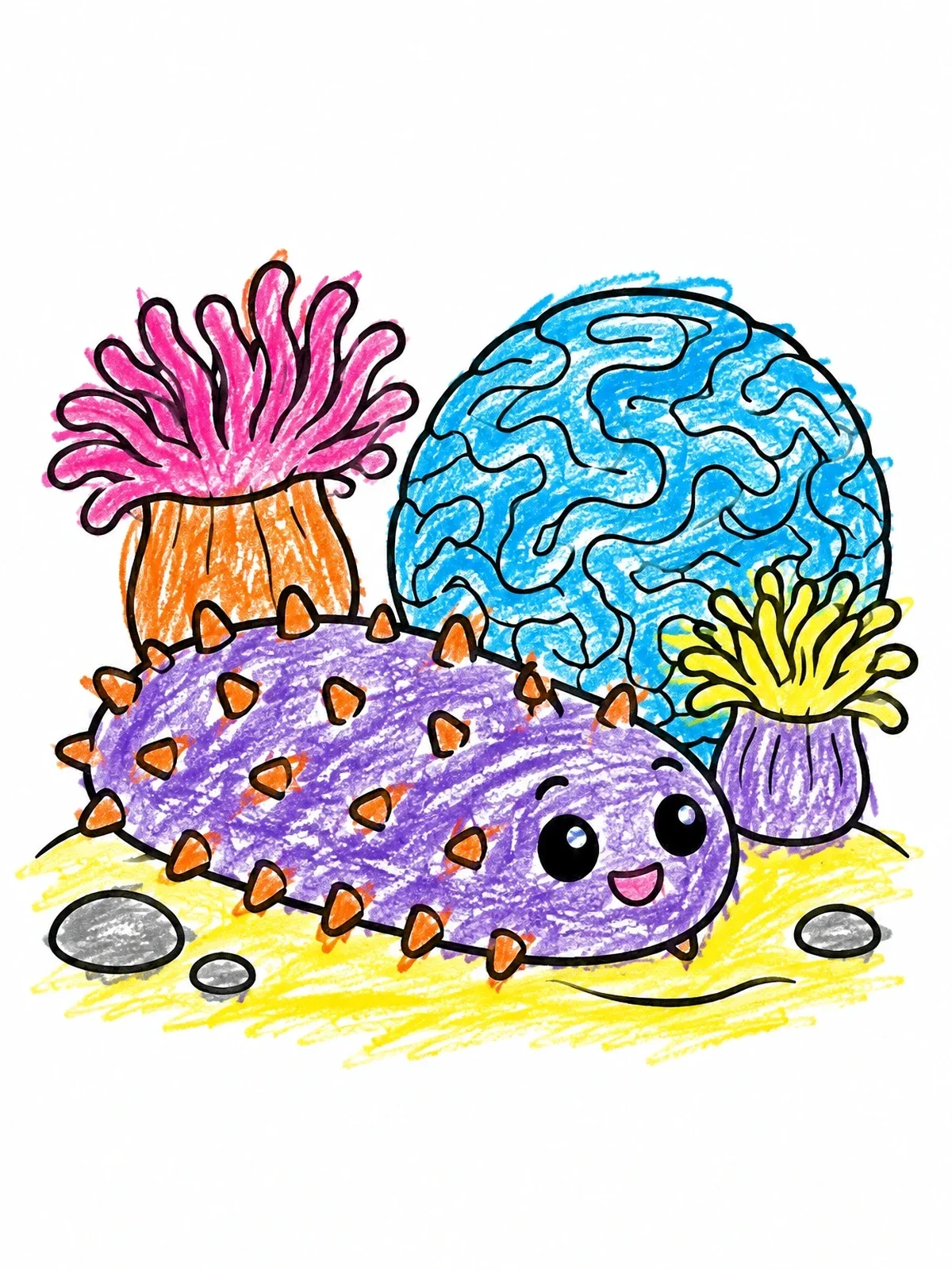 Colored example of the Cute Sea Cucumber Near Coral Reef coloring page