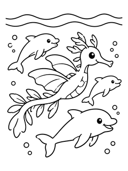 A friendly sea dragon coloring page featuring a winged leafy seahorse swimming with three cute dolphins.