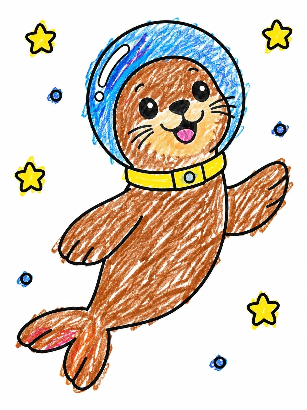 Colored example of the Cute Sea Lion Floating In Space coloring page