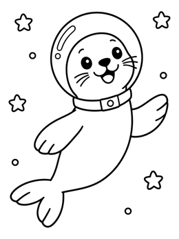 A sea lion coloring page featuring an astronaut pup floating among stars in outer space.