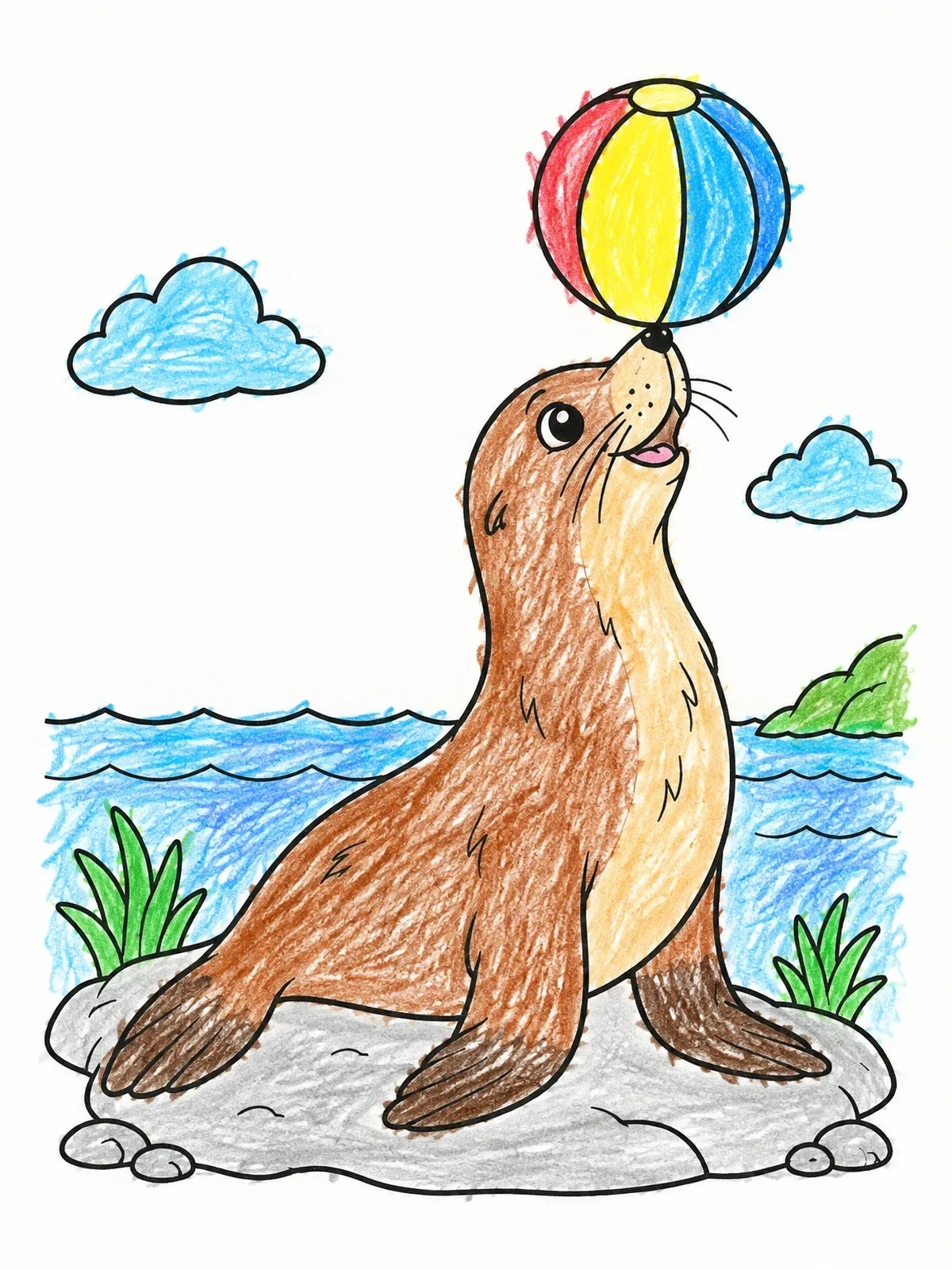 Colored example of the Sea Lion Balancing A Ball coloring page