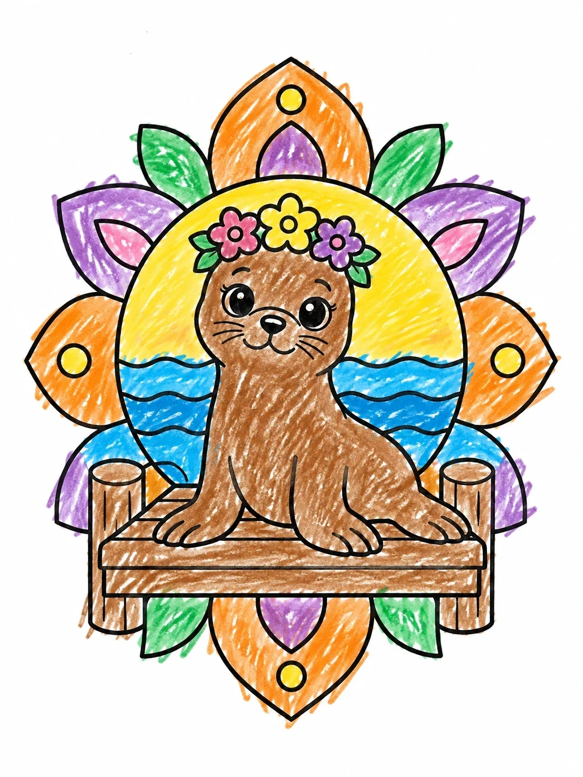 Colored example of the Sea Lion Pup With Flower Crown coloring page