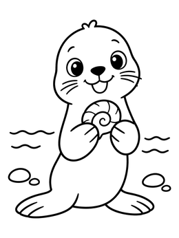 A cheerful baby sea lion coloring page holding a small spiral shell by the water.