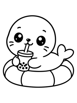 A sea lion coloring page showing a cute pup in an inflatable swim ring sipping boba tea.