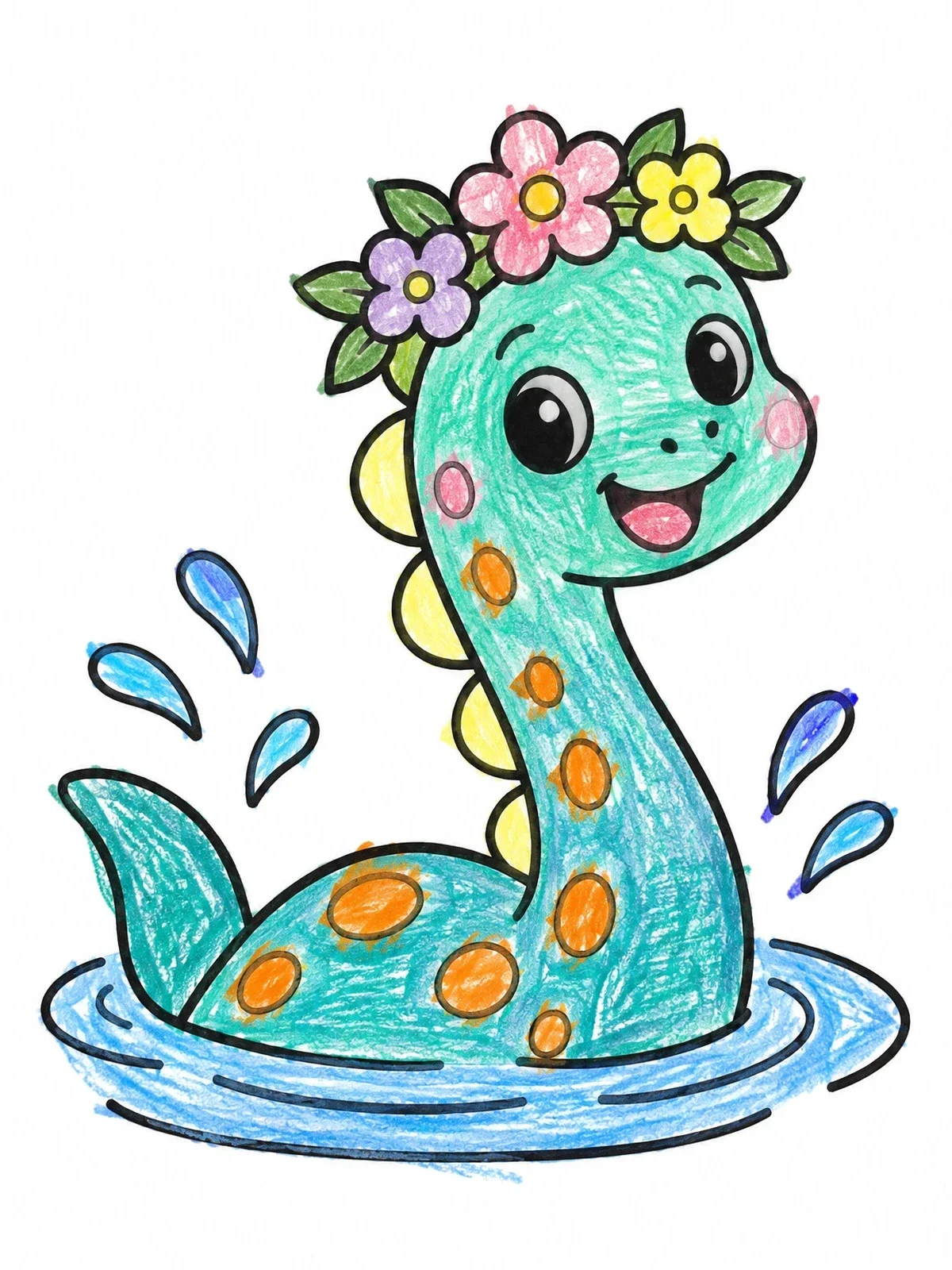 Colored example of the Cute Sea Monster With Flower Crown coloring page