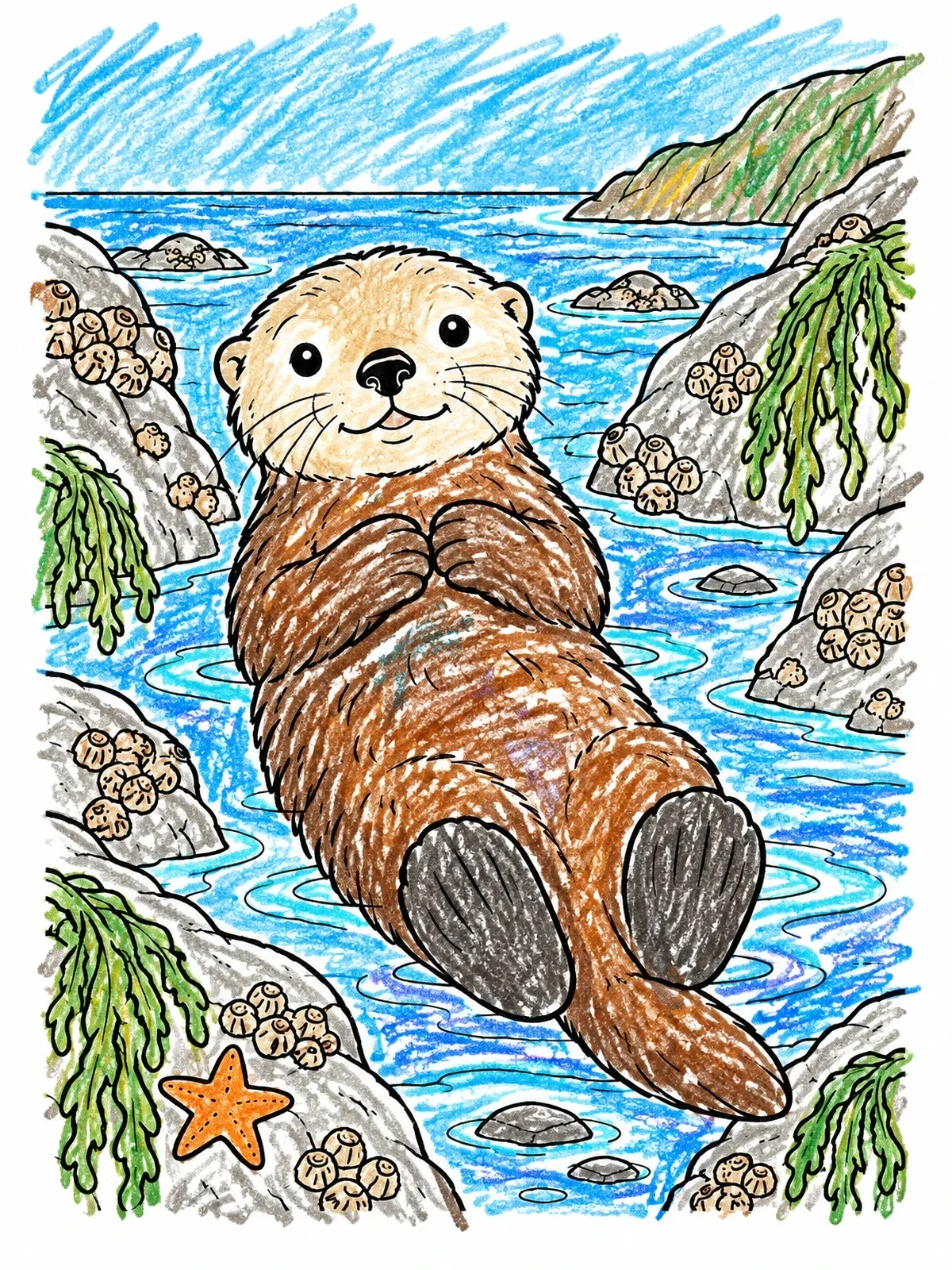 Colored example of the Cute Sea Otter Floating In Cove coloring page