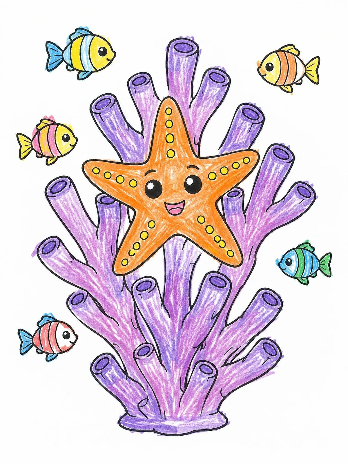Colored example of the Cute Sea Star On Tube Coral coloring page