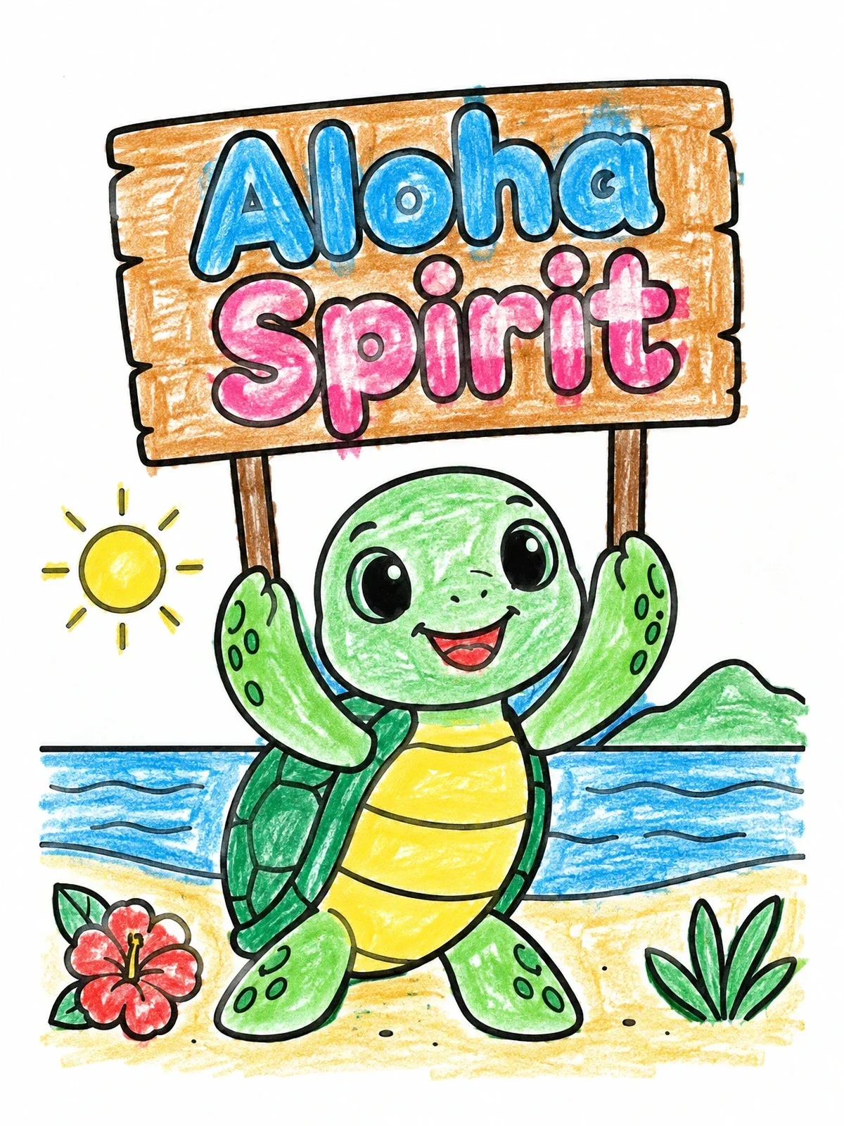 Colored example of the Cute Sea Turtle Aloha Spirit Sign coloring page