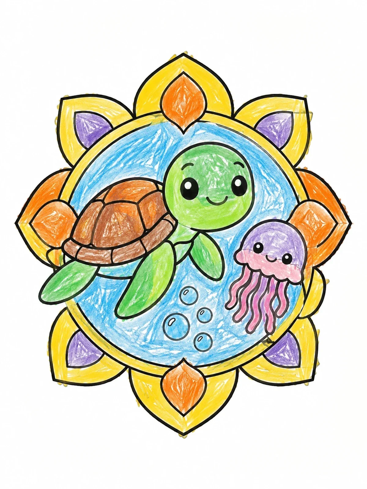Colored example of the Cute Sea Turtle And Friendly Jellyfish coloring page