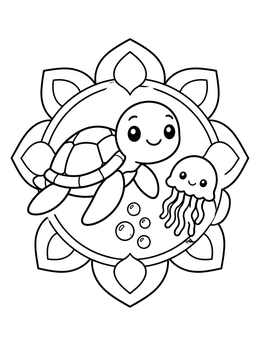 A sea turtle coloring page showing a friendly turtle swimming next to a small jellyfish.