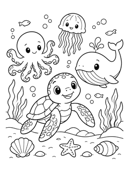 Free printable Cute Sea Turtle And Ocean Friends coloring page