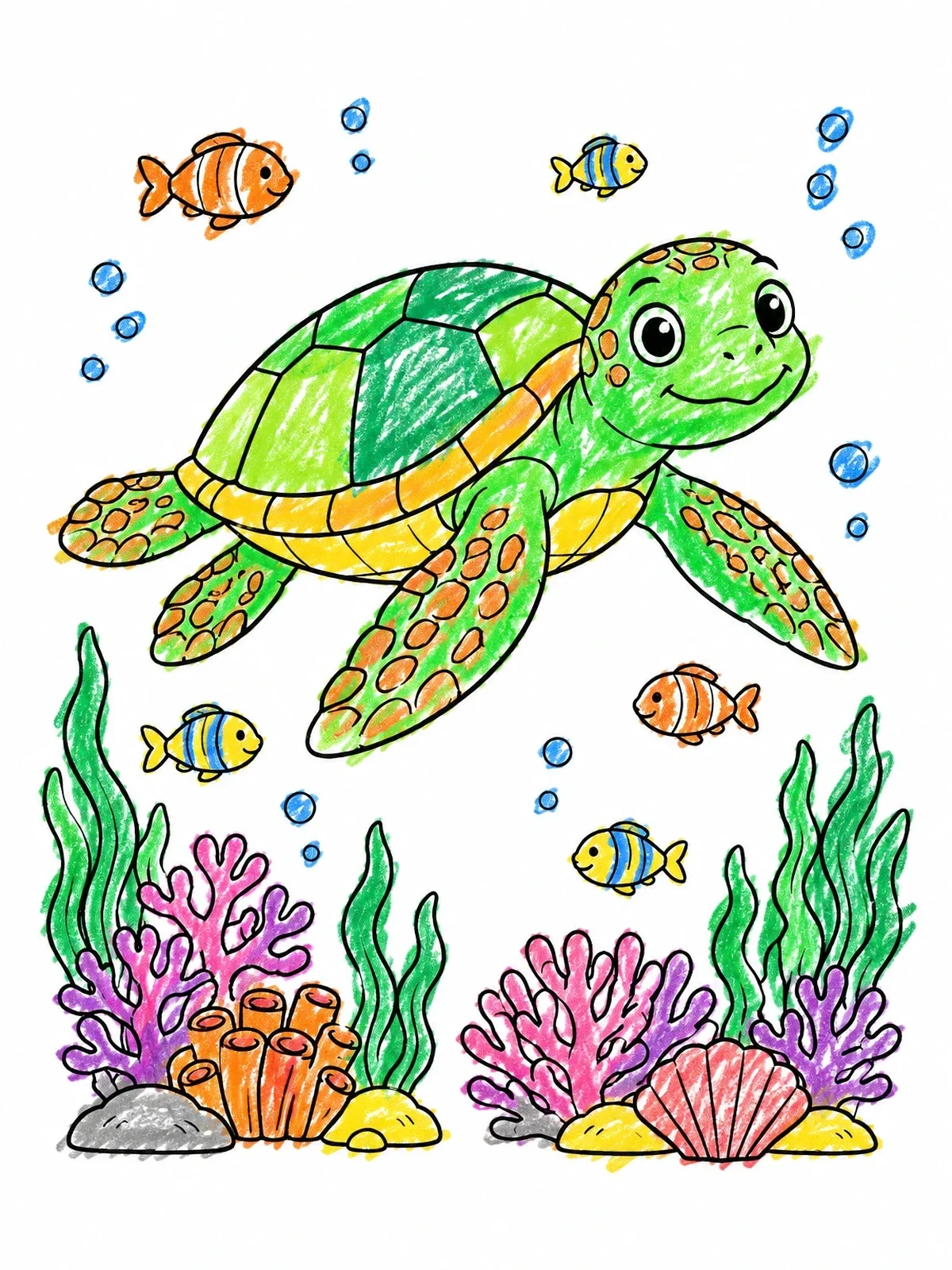 Colored example of the Cute Sea Turtle Over Coral Reef coloring page