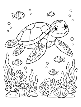 Free printable Cute Sea Turtle Over Coral Reef coloring page