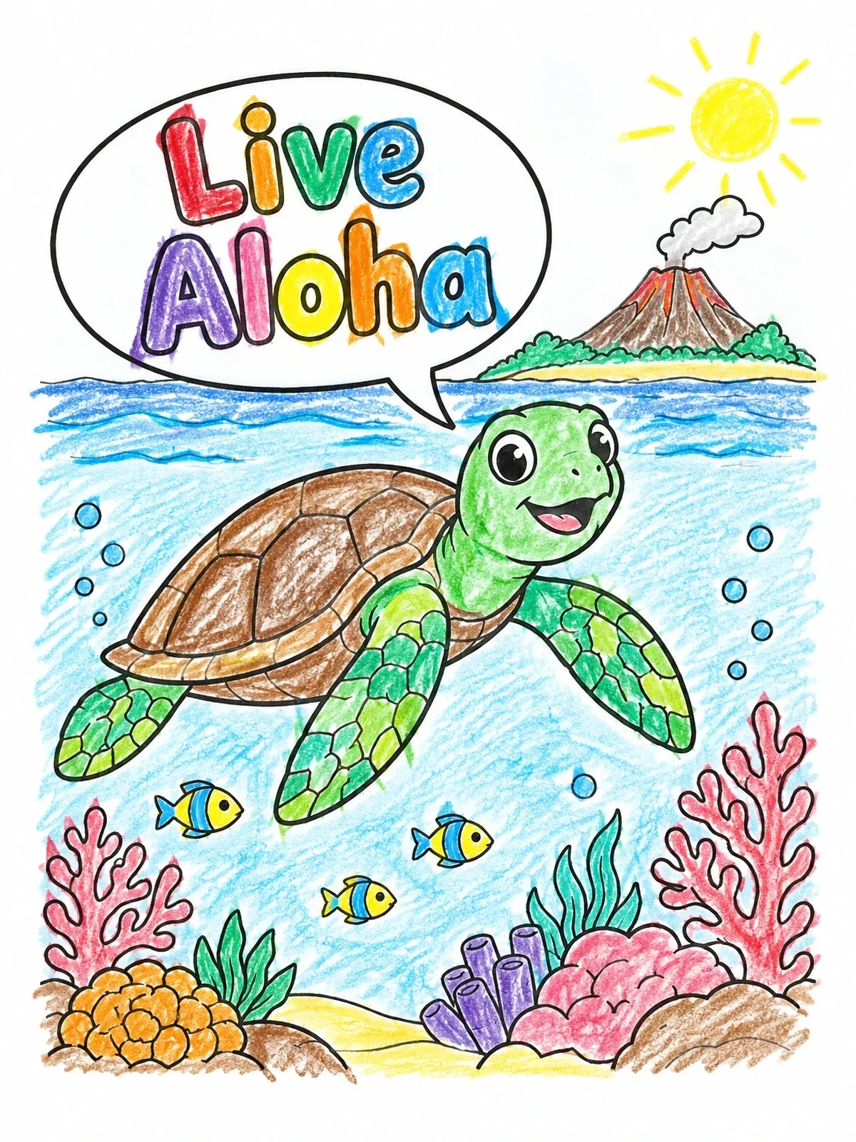 Colored example of the Sea Turtle Saying Live Aloha coloring page
