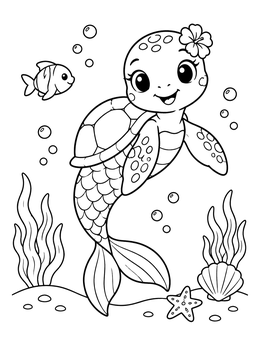 A cute sea turtle mermaid coloring page with fish and ocean plants.