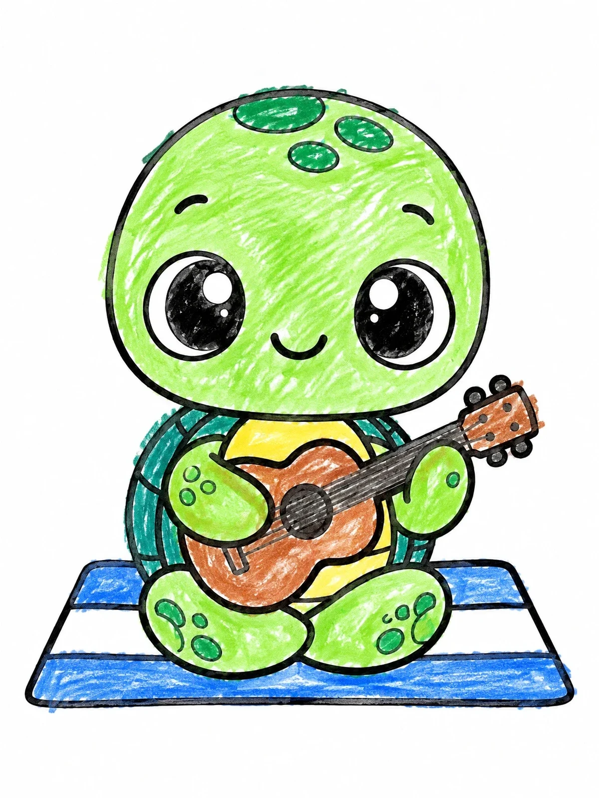 Colored example of the Cute Sea Turtle Playing Ukulele coloring page