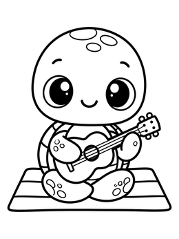 A cute sea turtle coloring page shows the turtle sitting on a mat playing ukulele.