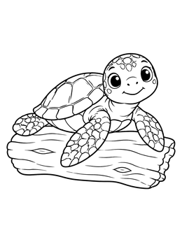 A sea turtle coloring page showing a friendly young turtle sitting atop a floating log.