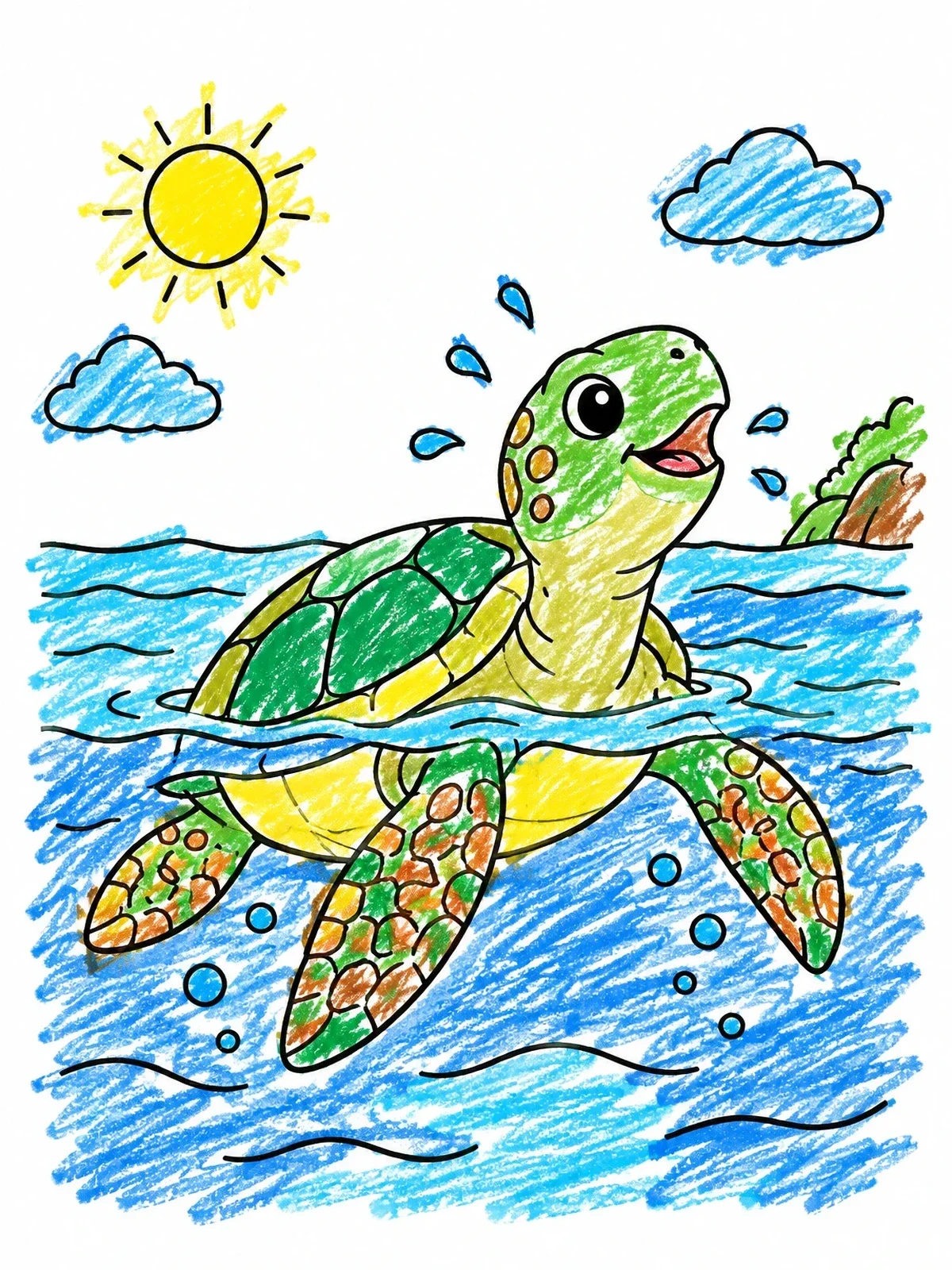 Colored example of the Cute Sea Turtle Surfacing For Air coloring page