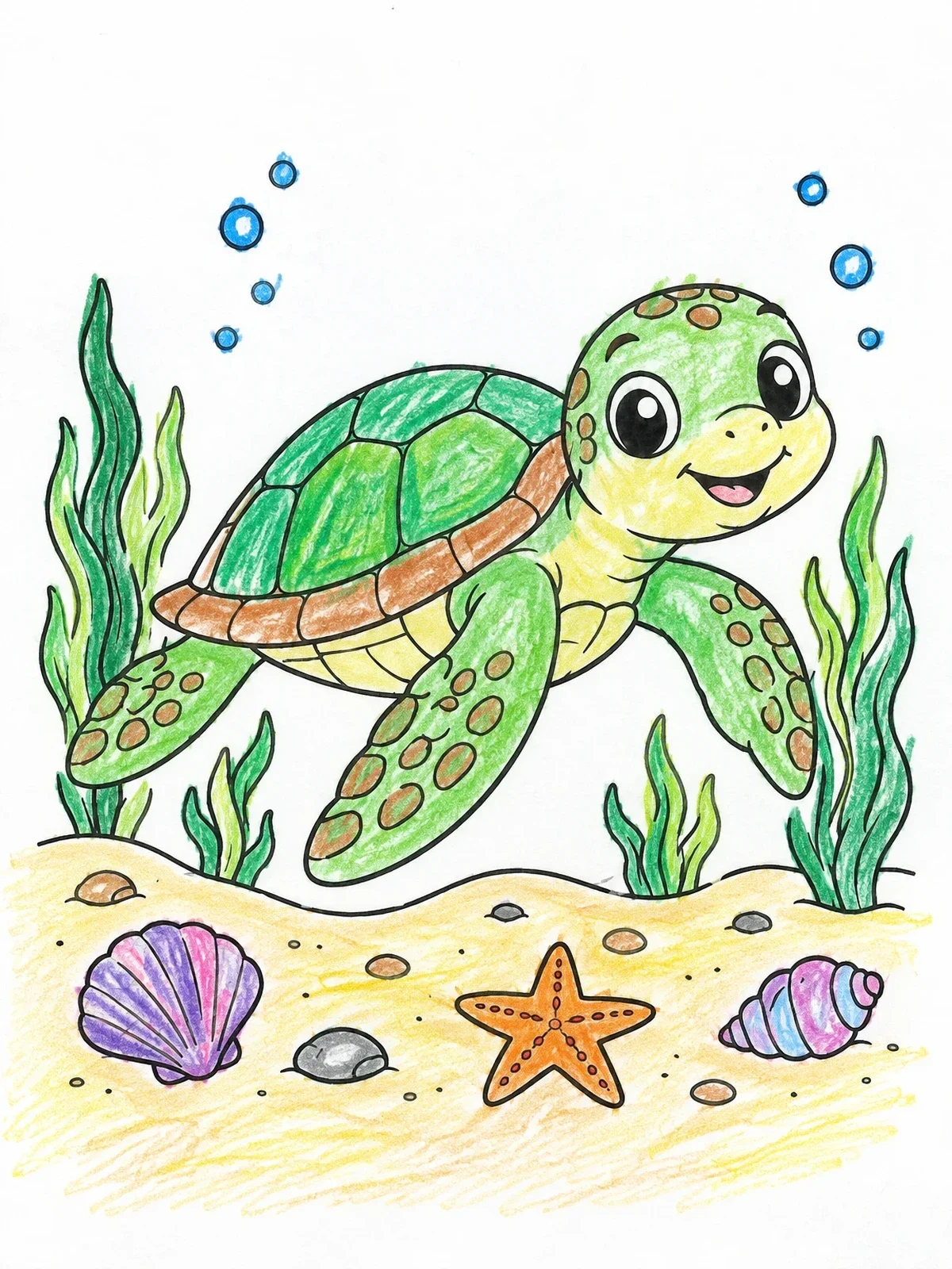 Colored example of the Cute Sea Turtle Swimming Underwater coloring page
