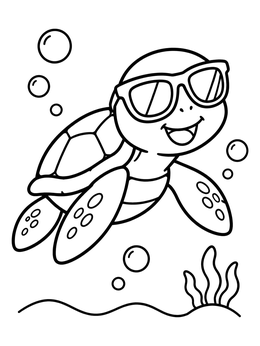 A cheerful turtle swimming underwater on this cute sunglasses coloring page.