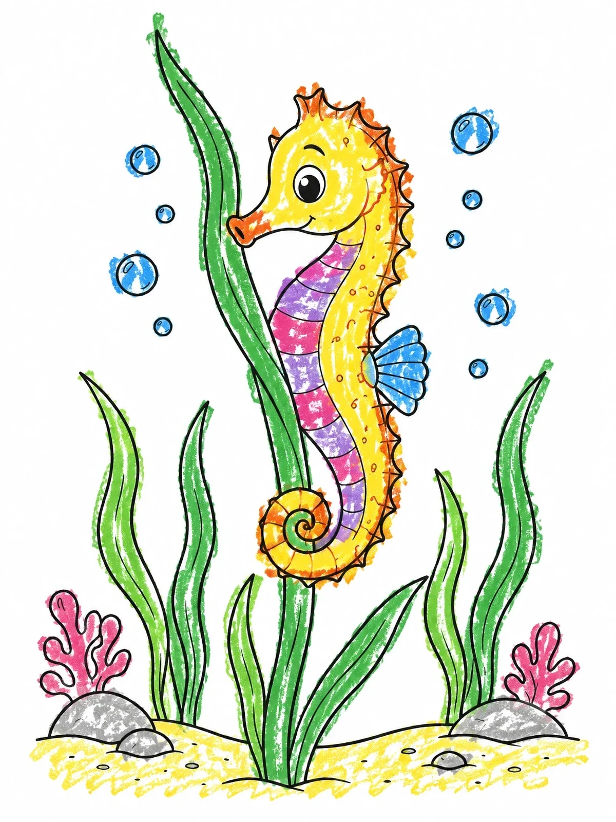 Colored example of the Cute Seahorse Clinging To Seaweed coloring page