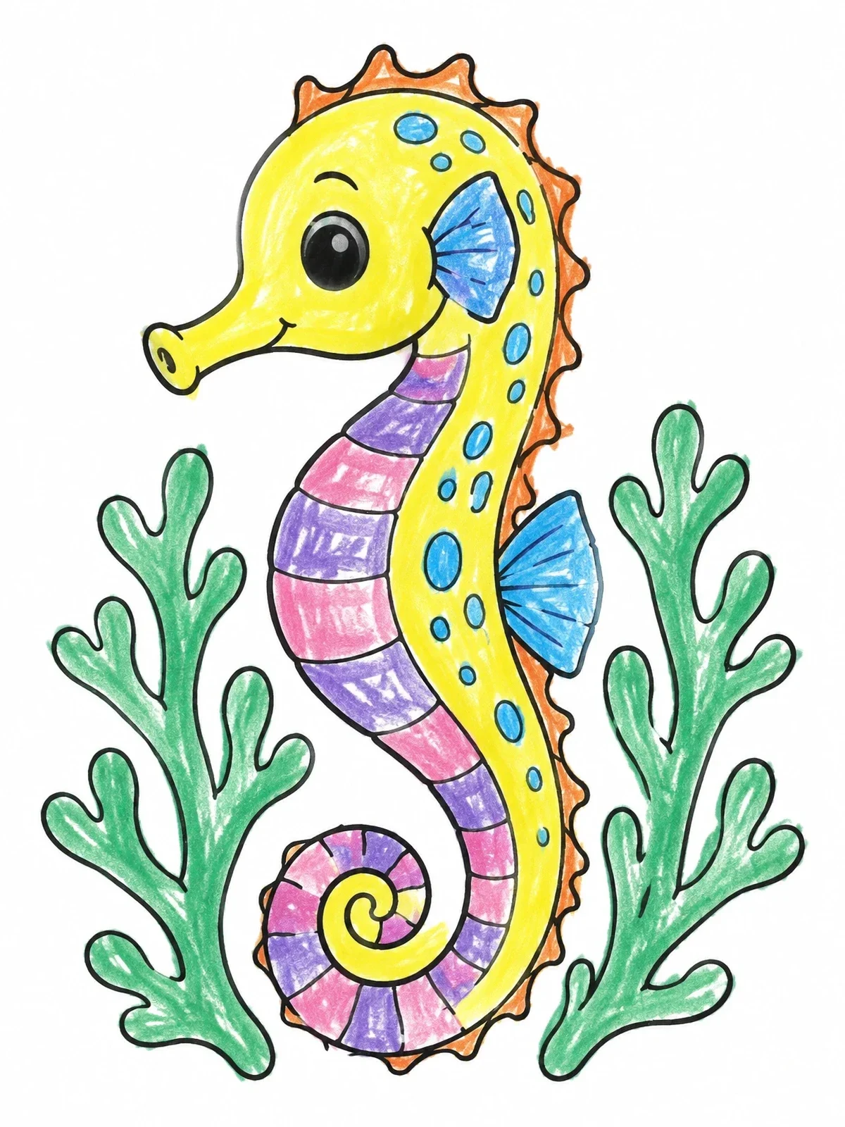 Colored example of the Cute Seahorse Among Sea Plants coloring page