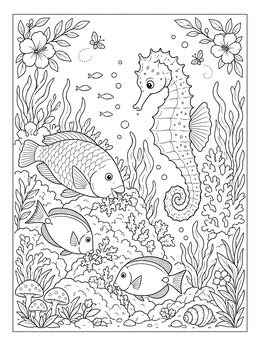 Free printable Cute Seahorse And Grazing Reef Fish coloring page