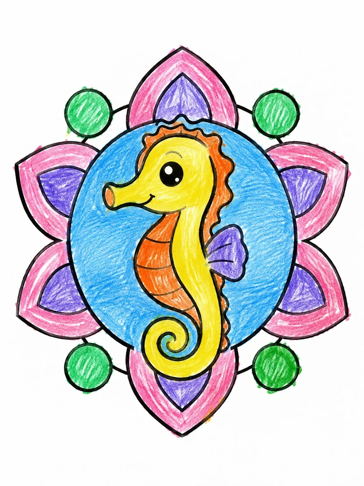 Colored example of the Cute Seahorse In Floral Frame coloring page