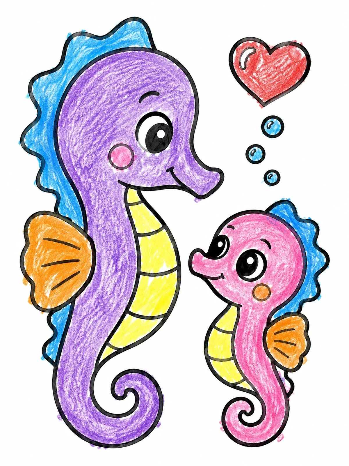 Colored example of the Cute Seahorse Pair And Heart Bubble coloring page