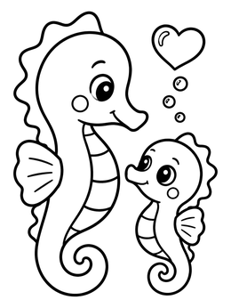 Free printable Cute Seahorse Pair And Heart Bubble coloring page
