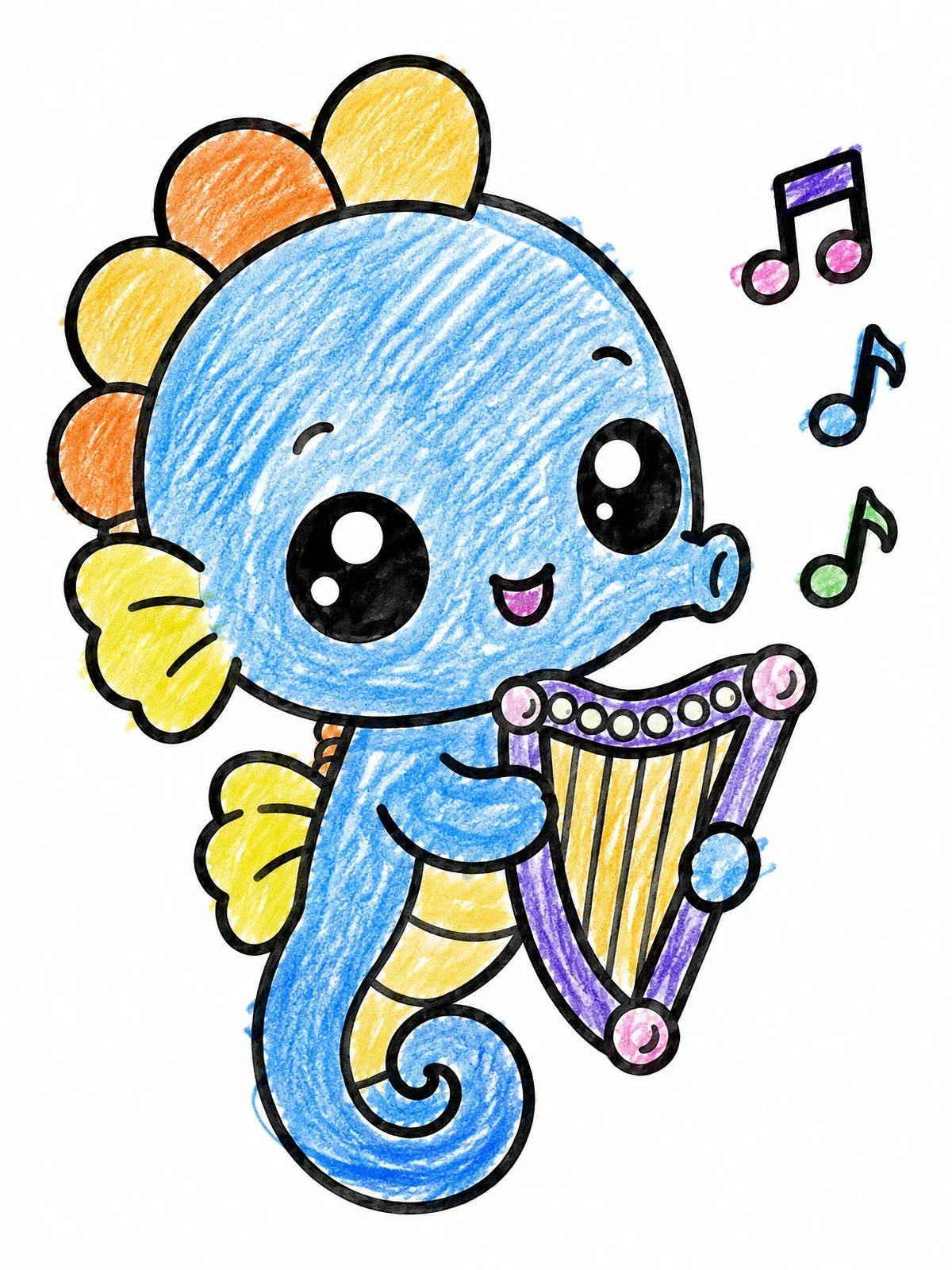 Colored example of the Cute Seahorse Playing A Harp coloring page