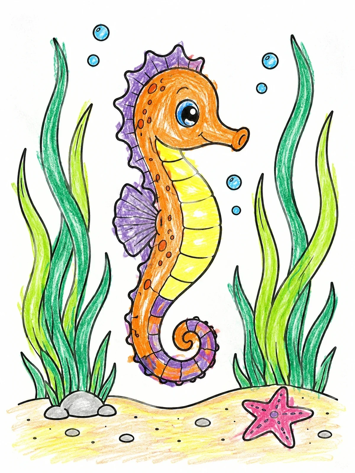 Colored example of the Cute Seahorse In Seagrass Meadow coloring page