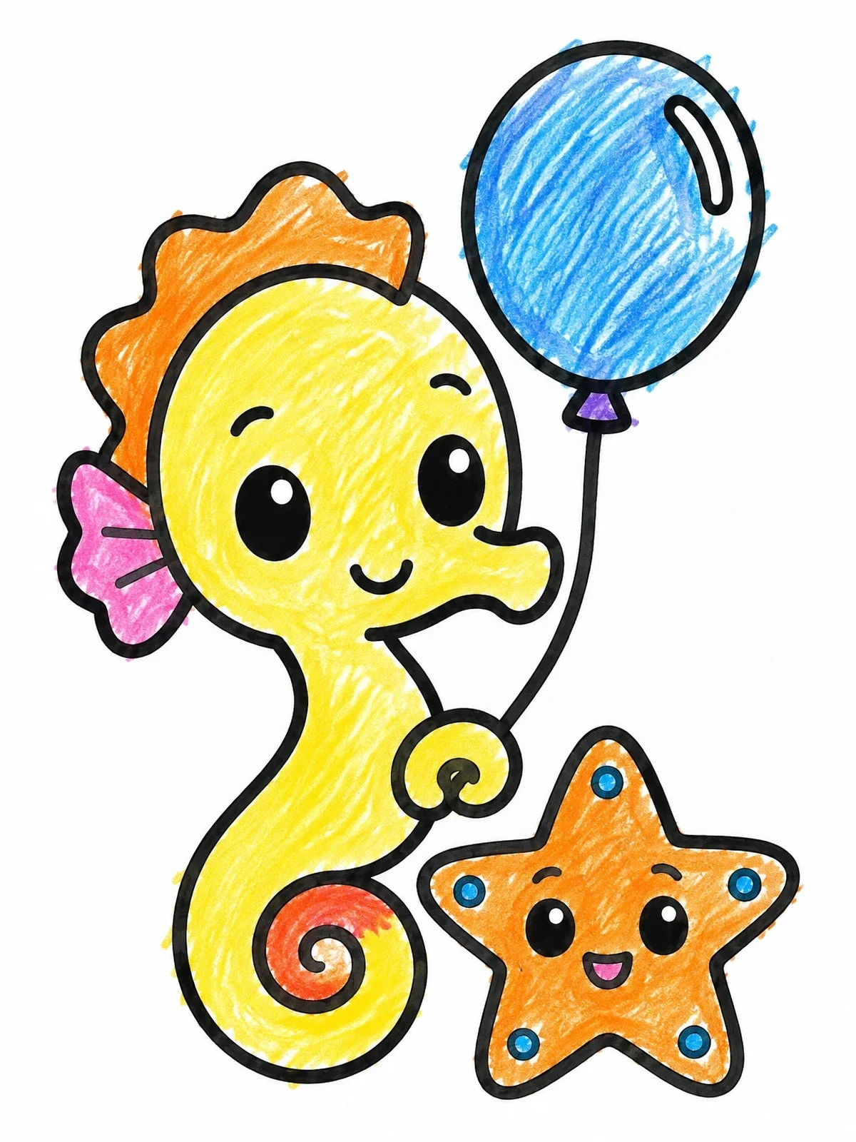 Colored example of the Cute Seahorse With Balloon And Starfish coloring page
