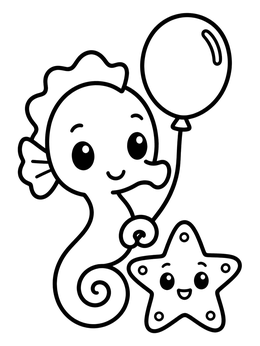 Free printable Cute Seahorse With Balloon And Starfish coloring page