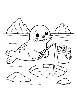 Free printable Cute Seal Ice Fishing On Frozen Lake coloring page