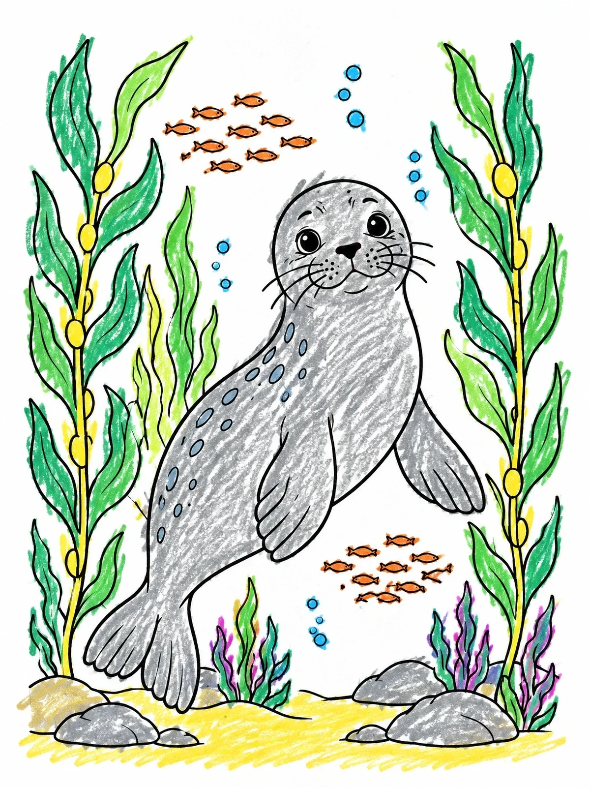 Colored example of the Cute Seal In Kelp Forest coloring page