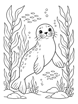 Free printable Cute Seal In Kelp Forest coloring page
