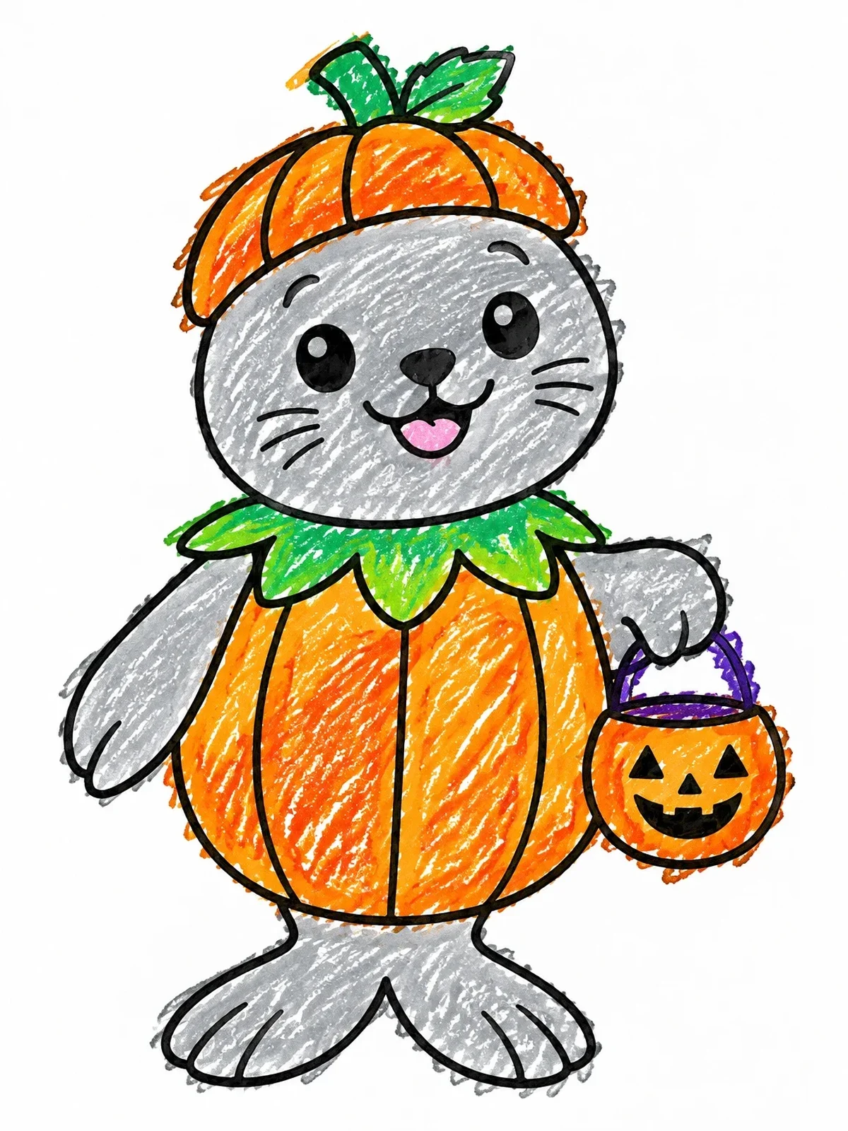 Colored example of the Cute Seal In Pumpkin Costume coloring page