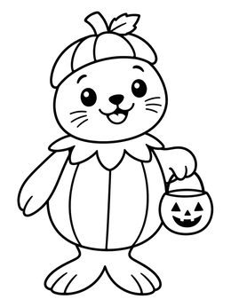 A seal coloring page showing a happy seal dressed in a pumpkin costume holding a trick-or-treat bucket.