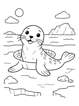A cheerful baby seal coloring page featuring an ice hole and arctic sea.