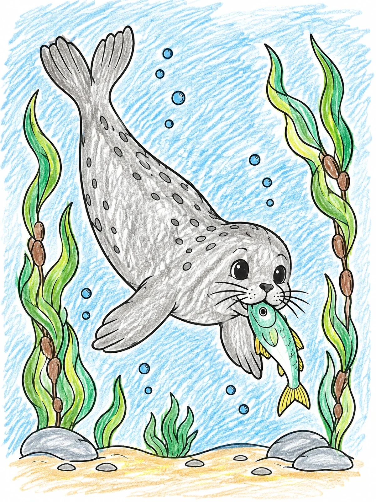 Colored example of the Cute Seal Pup Catching Fish coloring page