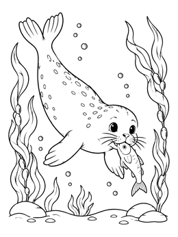 Free printable Cute Seal Pup Catching Fish coloring page
