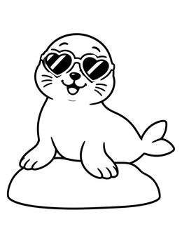 A cheerful baby seal coloring page featuring a pup wearing heart-shaped sunglasses on a rock.