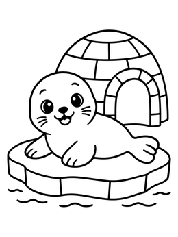 A cute seal rests on an ice floe in this igloo coloring page.