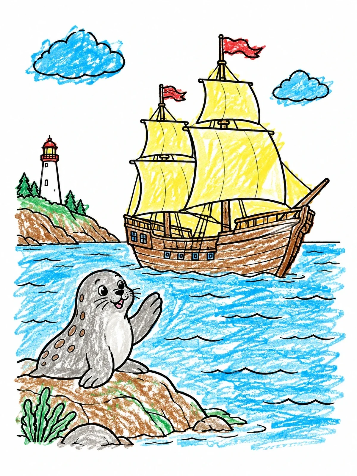 Colored example of the Cute Seal Waving At The Mayflower coloring page