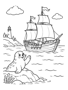 Free printable Cute Seal Waving At The Mayflower coloring page